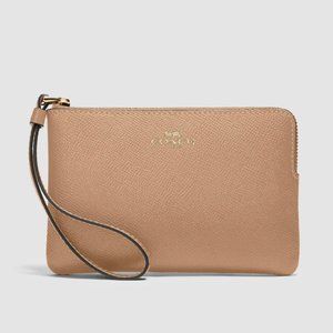 Coach Corner Zip Wristlet Gold/Taupe Crossgrain Leather Excellent Condition